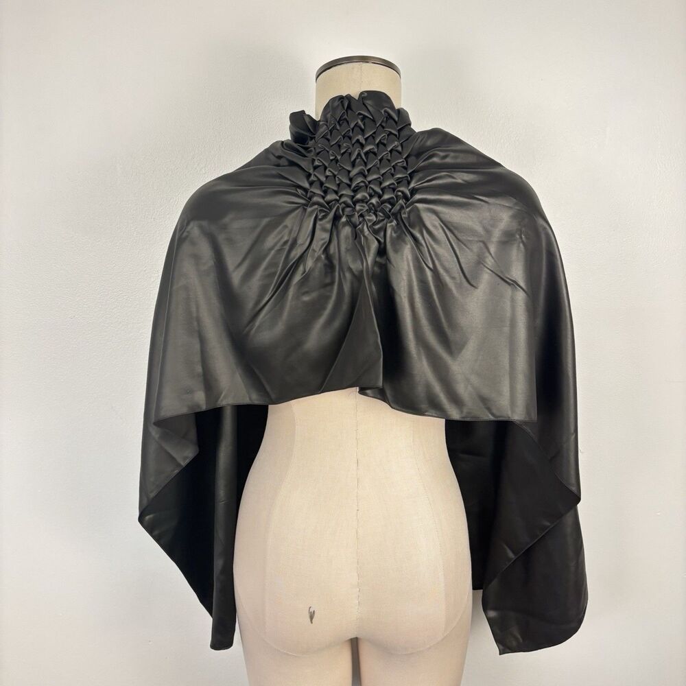 Black Silk Satin Shawl Scarf Hand Smocked Collar Opera Evening Wrap  READ